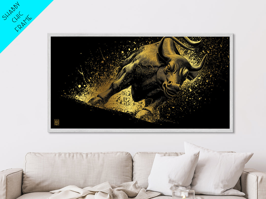 Charging Golden Bull, Metallic Gold Metal Print, Real Wood Frame, Dynamic Animal Wall Art, Powerful Bull Illustration