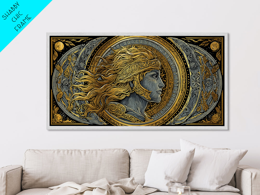 Greek God Profile Illustration, Flowing Hair And Crescent Moons, Metallic Gold Metal Print, Classical Mythology Wall Artwork