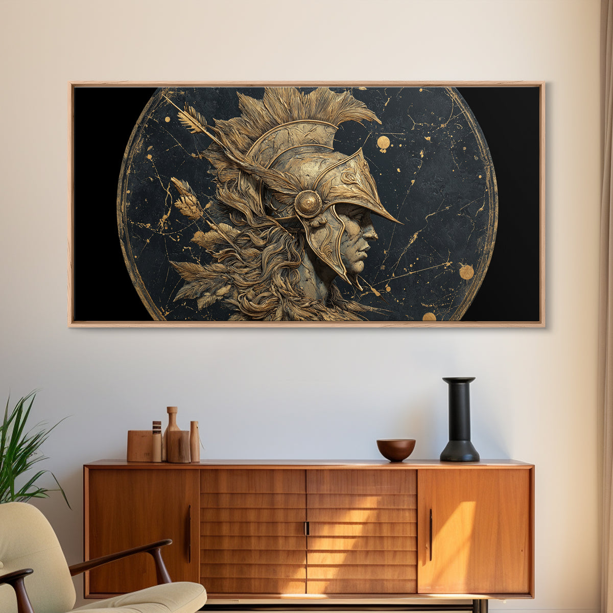 Ancient Warrior Profile Sculpture, Greek Helmet And Feathers, Gold Canvas Art, Classical Relief Wall Decor, Heroic Figure Artwork