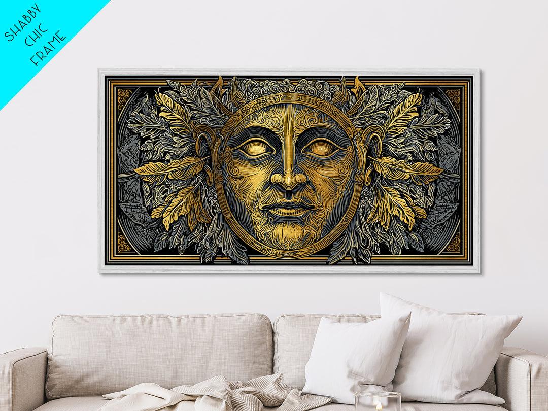 Mythic Sun God Face Artwork, Ornate Leaf And Feather Design, Metallic Gold Metal Print, Ancient Greece Wall Decor, Celestial Art