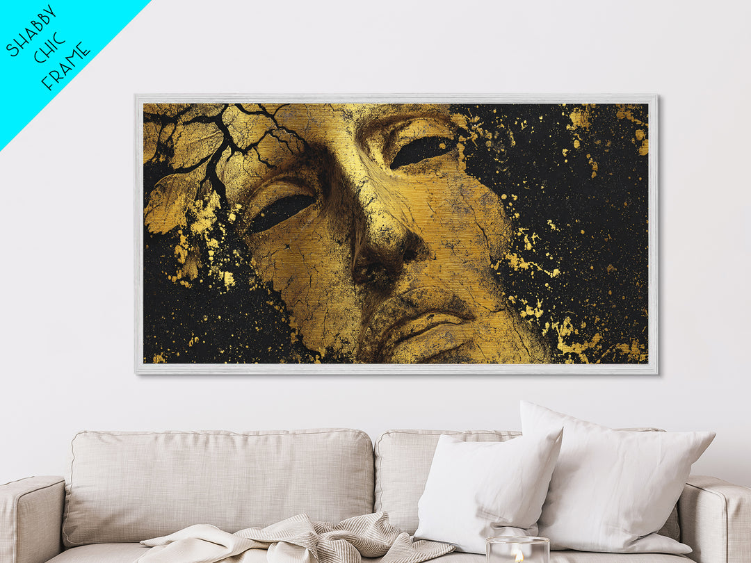 Cracked Golden Face Sculpture, Ancient Greek Mask Artwork, Metallic Gold Art, Classical Wall Decoration, Timeless Antiquity Print