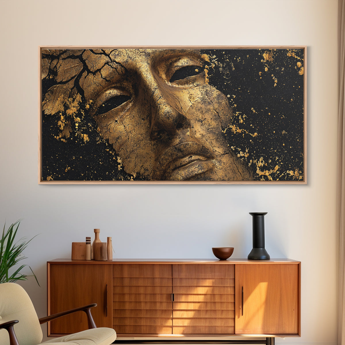 Cracked Golden Face Sculpture, Ancient Greek Mask Artwork, Gold Canvas Art, Classical Wall Decoration, Timeless Antiquity Print