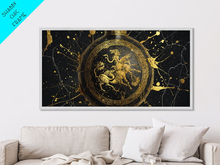 Greek Amphora Mythological Battle Scene, Metallic Gold Art, Ancient Greek Pottery Design, Classic Museum Style Wall Decor Print