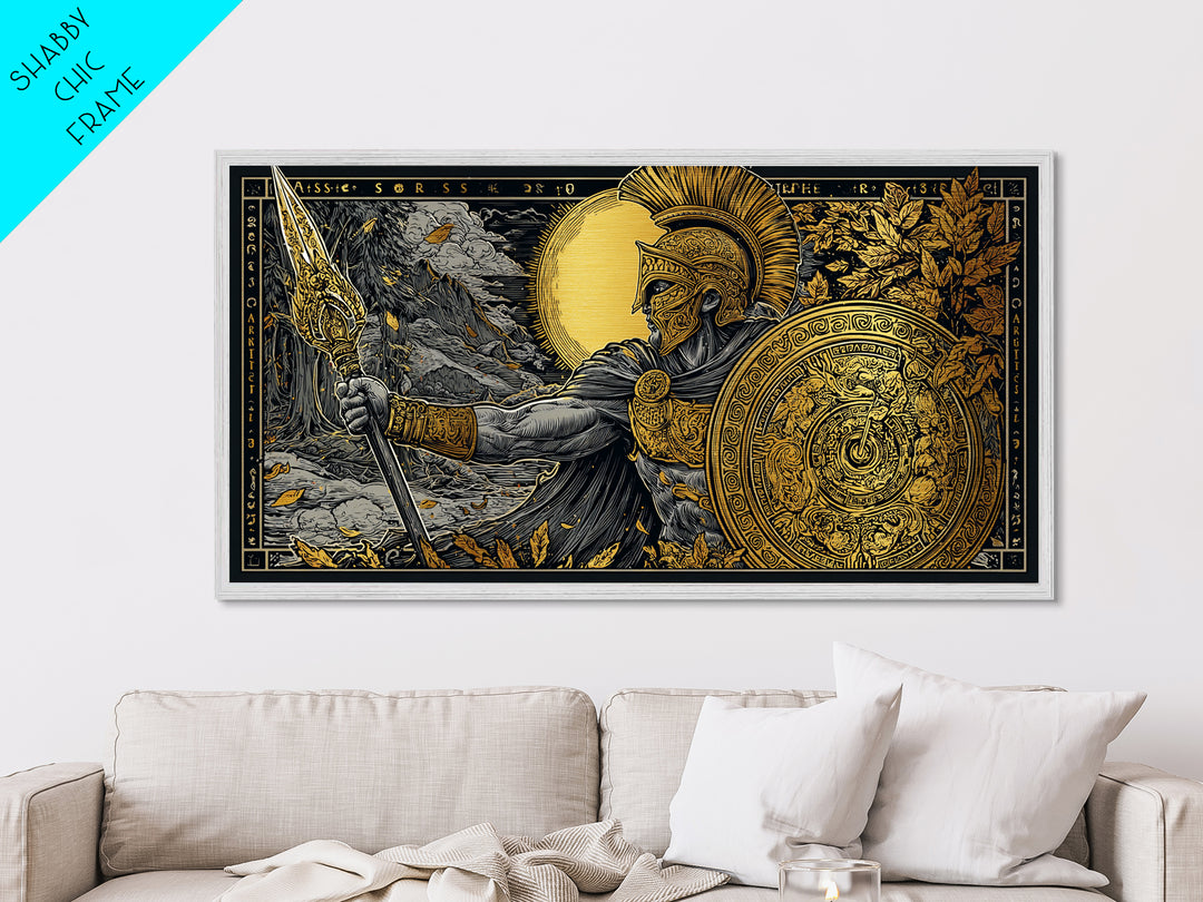 Ares Greek Warrior God With Spear And Shield, Metallic Gold Art, Heroic Mythological Wall Decor, Luxury Classical Home Accent