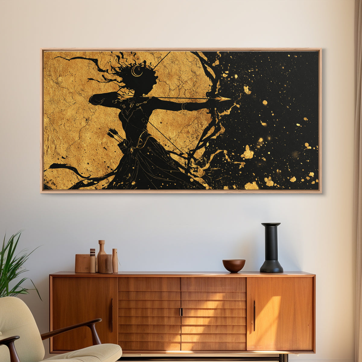 Artemis Goddess Of The Hunt And Moon, Gold Canvas Art, Elegant Greek Mythology Wall Decor, Celestial Classical Home Accent