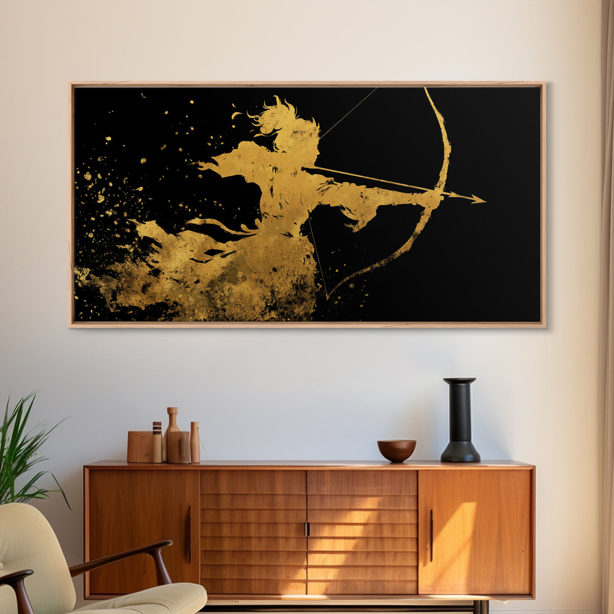 Artemis Greek Huntress Goddess Silhouette, Gold Canvas Print, Moonlit Mythology Wall Art, Elegant Classic Home Design