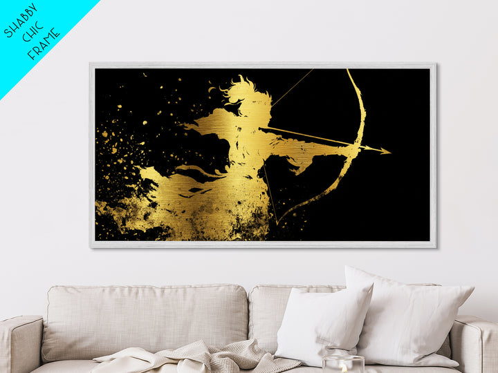 Artemis Greek Huntress Goddess Silhouette, Metallic Gold Metal Print, Moonlit Mythology Wall Art, Elegant Classic Home Design