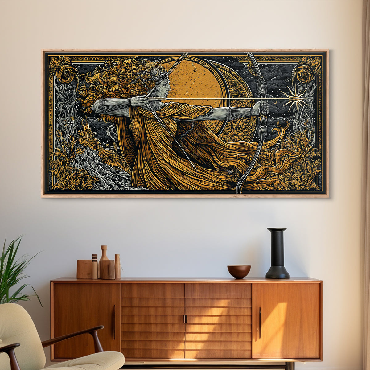 Artemis Goddess Archer With Golden Moon, Gold Canvas Print, Greek Mythology Wall Art, Classic Elegant Home Decor Piece