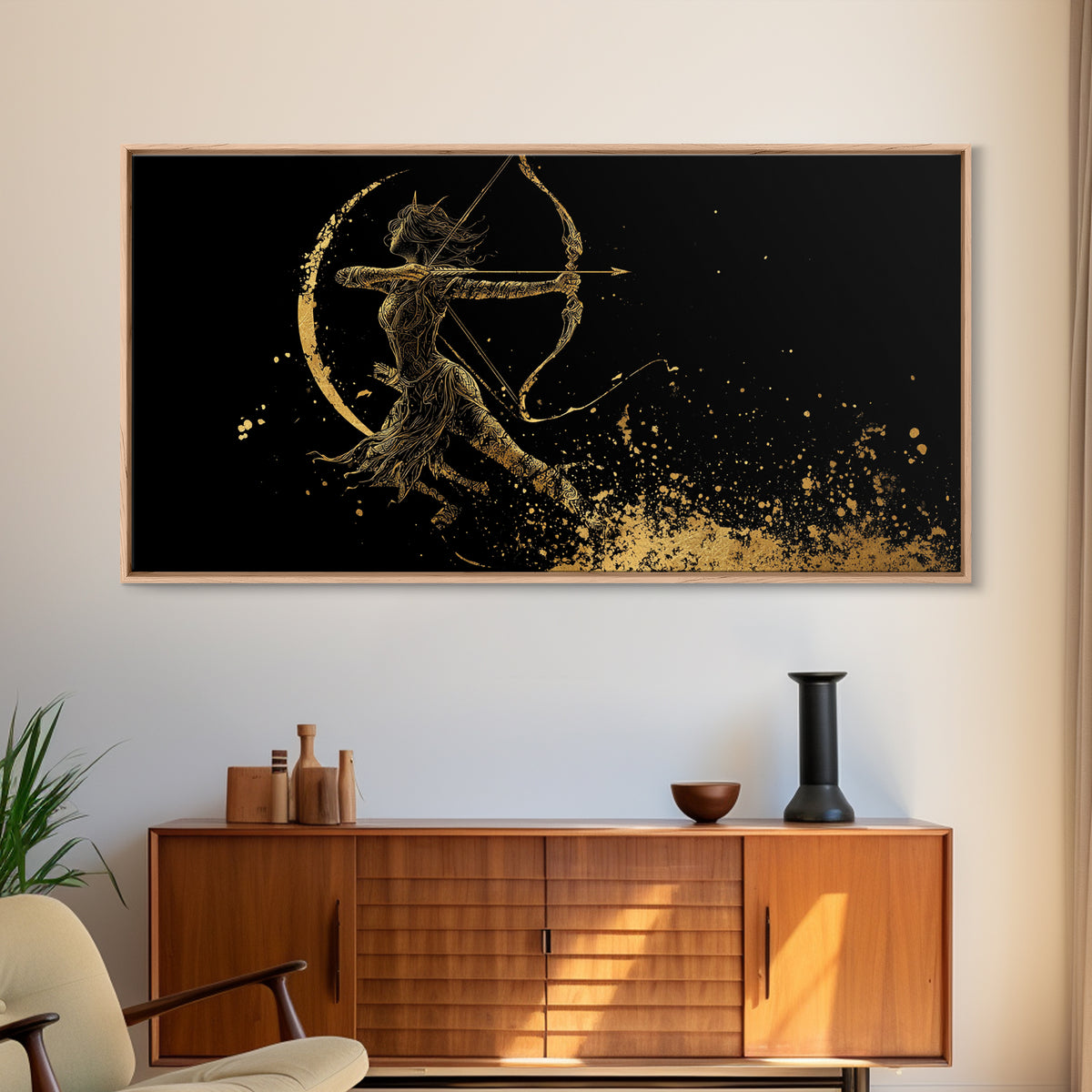 Gold Canvas Art Of Artemis Greek Goddess Archer, Black Background, Elegant Moon And Bow Design, Panoramic Mythology Wall Art