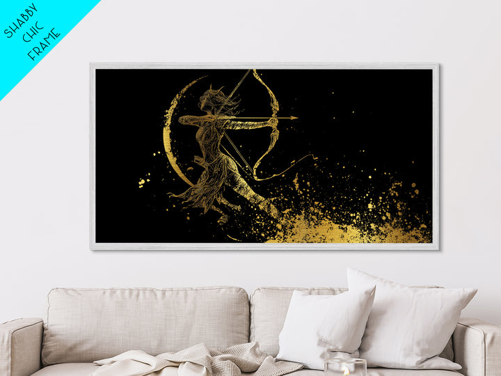 Metallic Gold Art Of Artemis Greek Goddess Archer, Black Background, Elegant Moon And Bow Design, Panoramic Mythology Wall Art