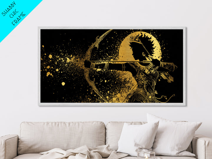 Metallic Gold Metal Print Of Artemis Greek Goddess Archer, Regal Profile, Detailed Bow And Arrow, Panoramic Fantasy Wall Decor