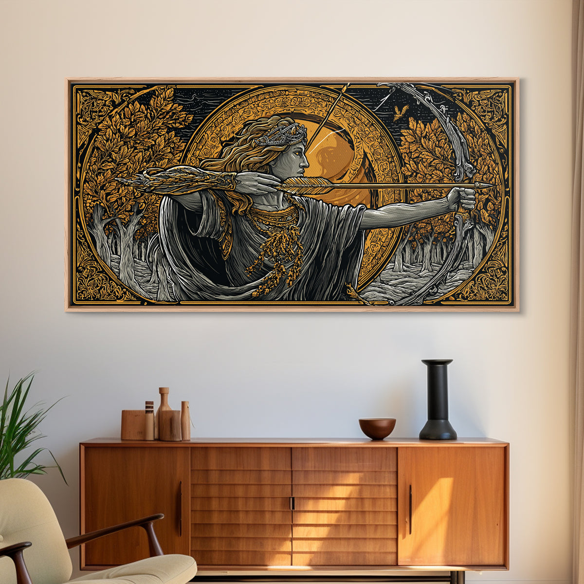 Gold Canvas Art Of Artemis Greek Goddess Archer, Classical Ornate Frame, Mythological Forest Scene, Panoramic Greek Wall Print