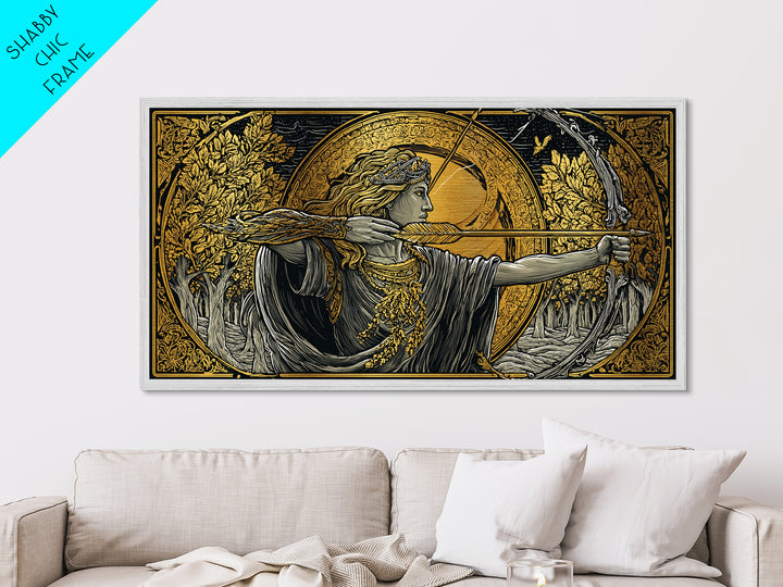 Metallic Gold Art Of Artemis Greek Goddess Archer, Classical Ornate Frame, Mythological Forest Scene, Panoramic Greek Wall Print