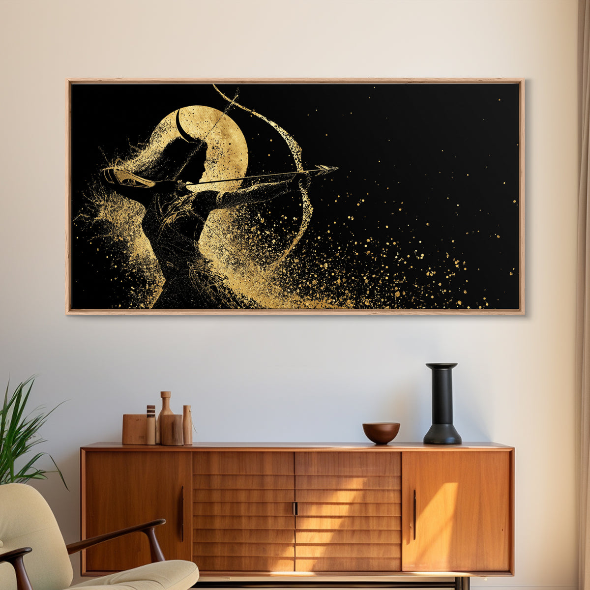 Gold Canvas Print Of Artemis Greek Goddess Archer, Full Moon Silhouette, Gold Splatter Effect, Panoramic Elegant Wall Art