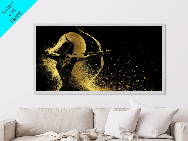 Metallic Gold Metal Print Of Artemis Greek Goddess Archer, Full Moon Silhouette, Gold Splatter Effect, Panoramic Elegant Wall Art