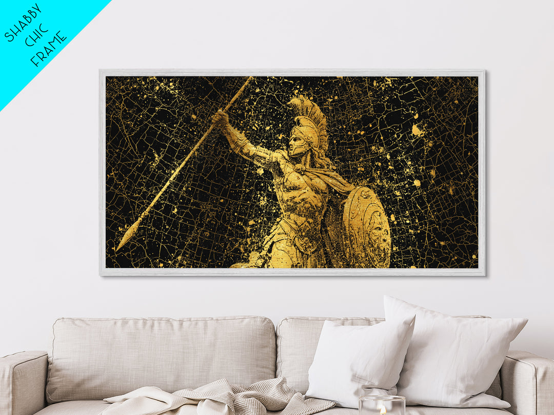Metallic Gold Art Of Athena Greek Goddess Warrior, Ancient Greek Armor And Spear, Gold Splatter Mosaic, Panoramic Battle Wall Print