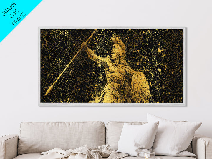 Metallic Gold Art Of Athena Greek Goddess Warrior, Ancient Greek Armor And Spear, Gold Splatter Mosaic, Panoramic Battle Wall Print