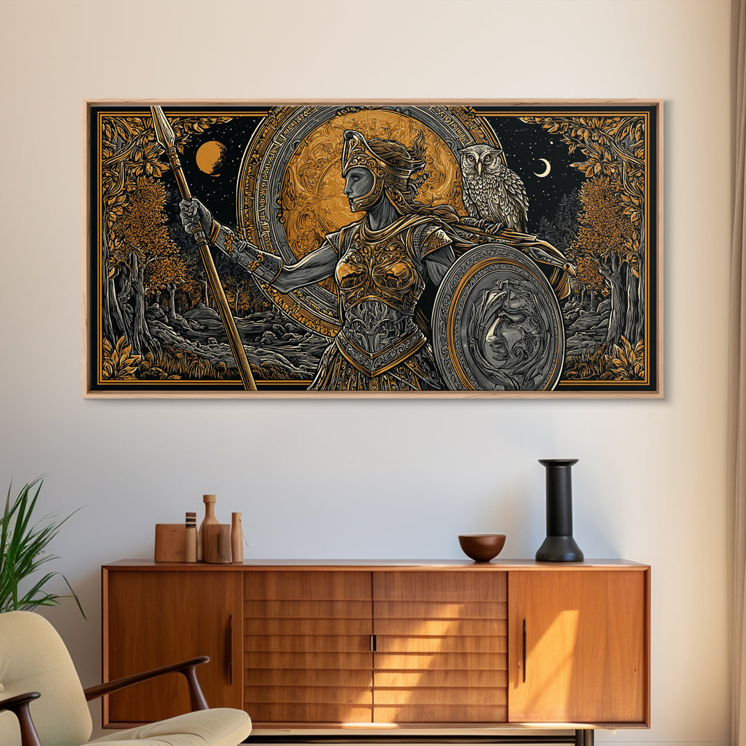 Gold Canvas Print Of Athena Greek Goddess Warrior, Ornate Armor And Owl, Mythology Forest Scene, Panoramic Greek Wall Decor