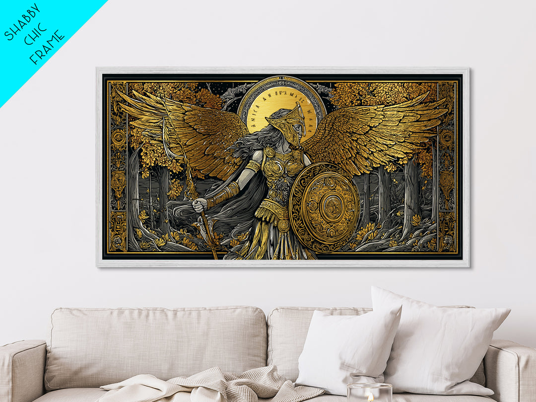 Metallic Gold Art Of Athena Greek Goddess Warrior With Wings, Detailed Shield And Spear, Golden Forest Scene, Panoramic Wall Print