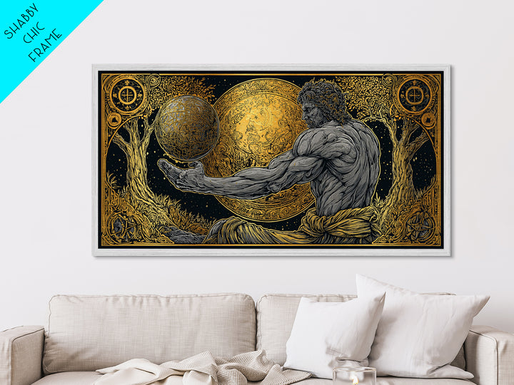 Metallic Gold Metal Print Of Atlas Greek Titan Holding Celestial Sphere, Mythology Cosmic Scene, Panoramic Detailed Greek Wall Art