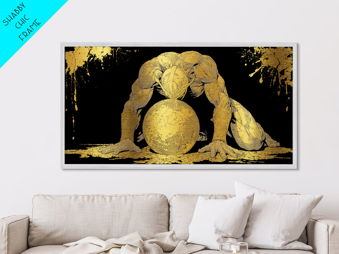 Metallic Gold Art Of Atlas Greek Titan Bearing The World, Gold Crackle Effect, Mythology Strength Scene, Panoramic Ancient Wall Print