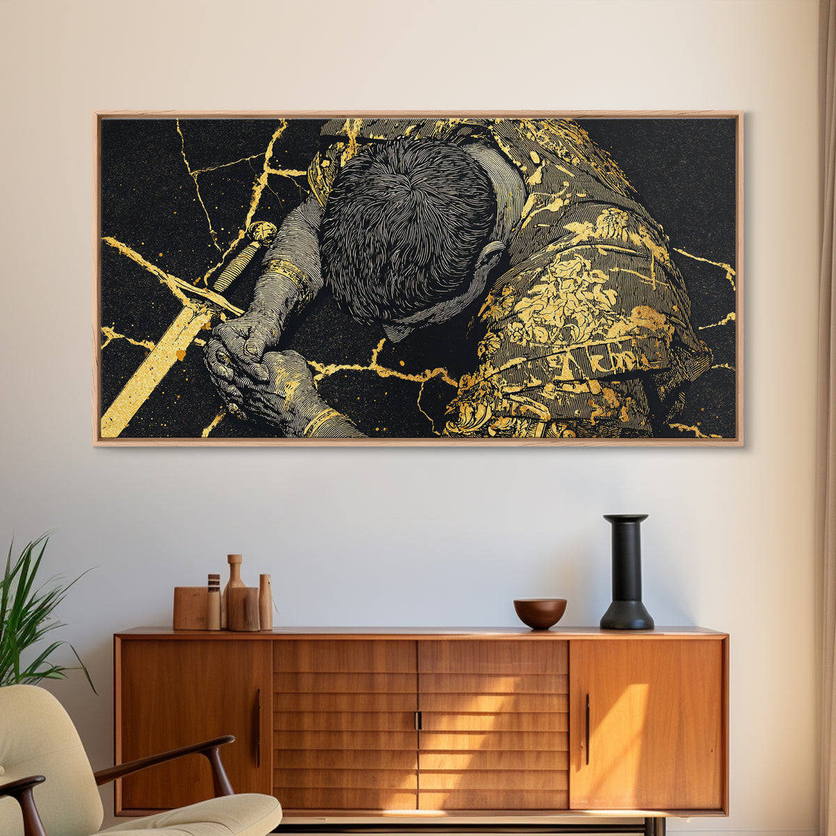 Gold Canvas Print Of Cassius Greek Warrior Kneeling With Sword, Gold Crackle Armor Detail, Panoramic Mythology Wall Artwork