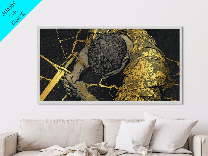 Metallic Gold Metal Print Of Cassius Greek Warrior Kneeling With Sword, Gold Crackle Armor Detail, Panoramic Mythology Wall Artwork