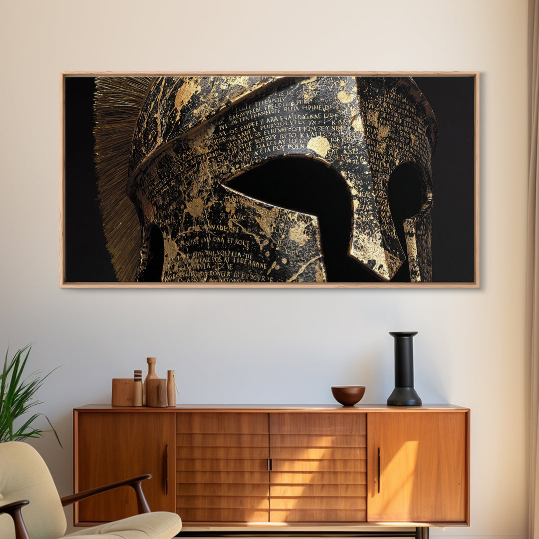 Gold Canvas Print, Corinthian Greek Helmet, Ancient Warrior Armor Wall Art, Black and Gold Historical Decor, Mythic Design