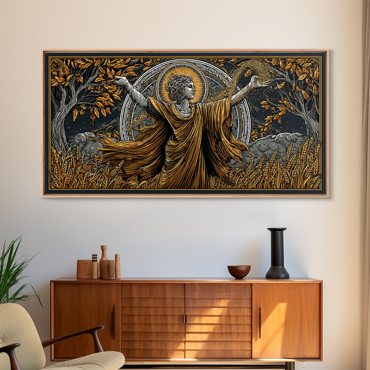 Gold Canvas Art, Demeter Goddess of Harvest, Greek Mythology Wall Decor, Ancient Agriculture Theme, Black and Gold Canvas Artwork