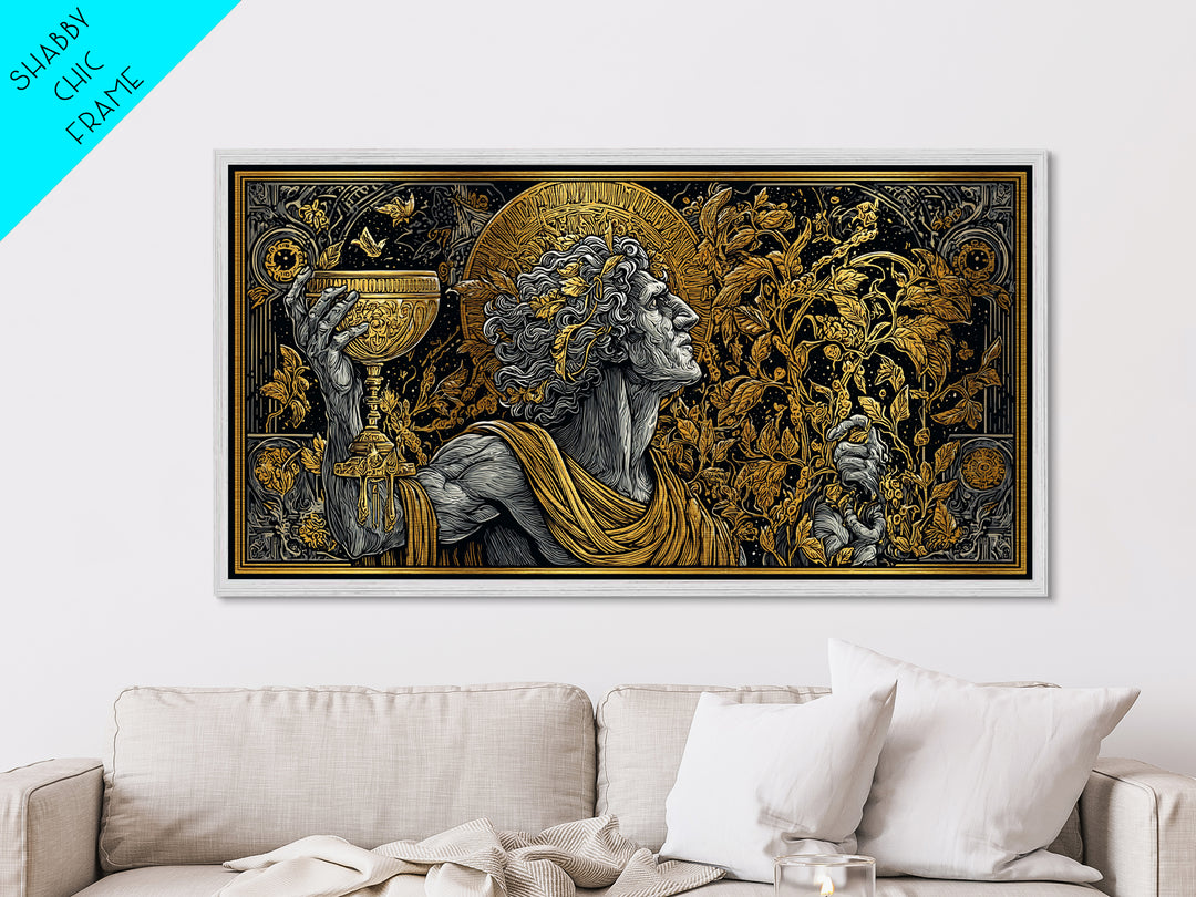 Metallic Gold Art, Dionysus God of Ecstasy, Greek Mythology Wall Scene, Bacchanalia Festival Theme, Black and Gold Metal Wall Print