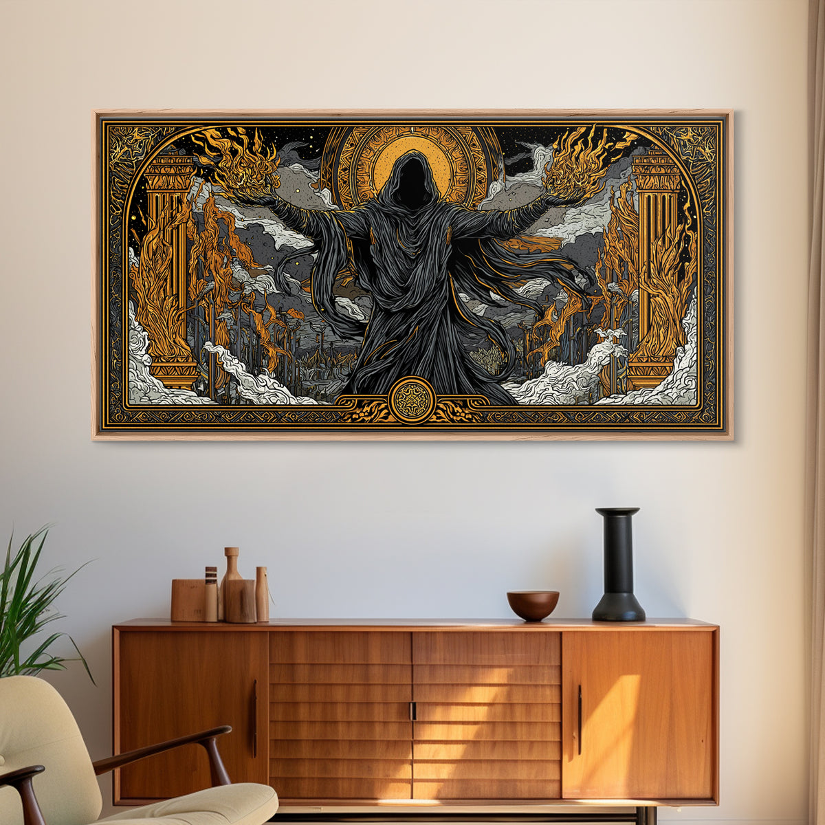 Gold Canvas Art, Erebus God of Darkness, Greek Primordial Deity Wall Scene, Ancient Myth Shadow Theme, Black and Gold Canvas Artwork