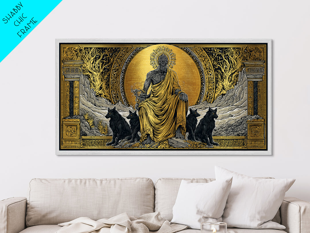 Hades Metallic Gold Metal Print, Greek God Of Underworld Wall Art, Cerberus Mythology Decor, Real Wood Frame, Luxury Metal Wall Hanging