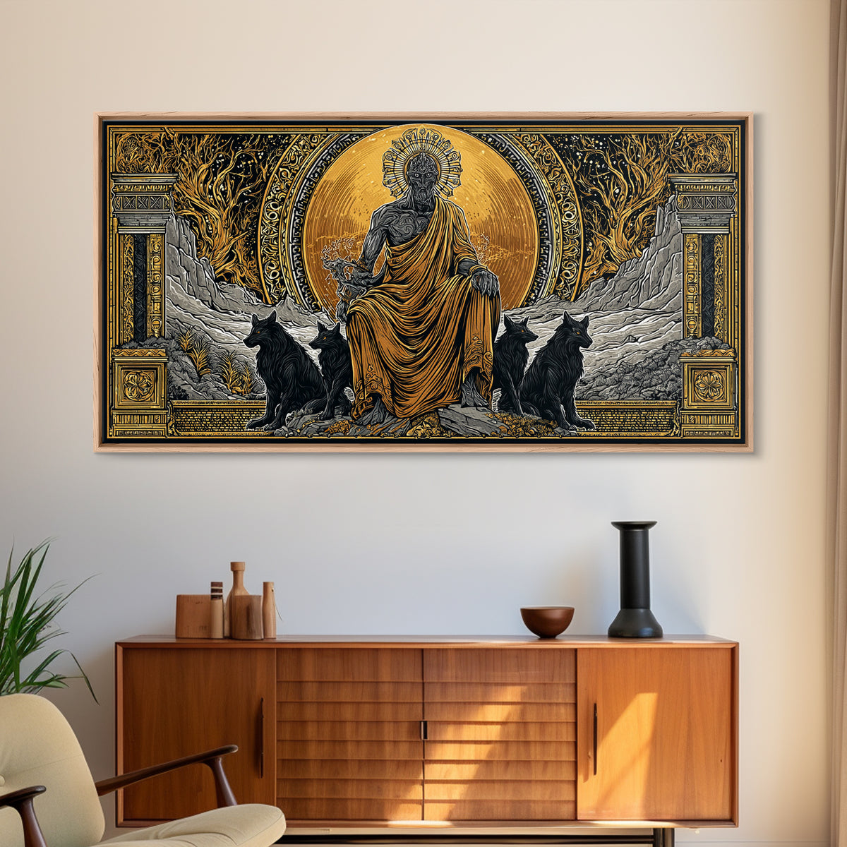 Hades Gold Canvas Print, Greek God Of Underworld Wall Art, Cerberus Mythology Decor, Real Wood Frame, Luxury Canvas Wall Hanging