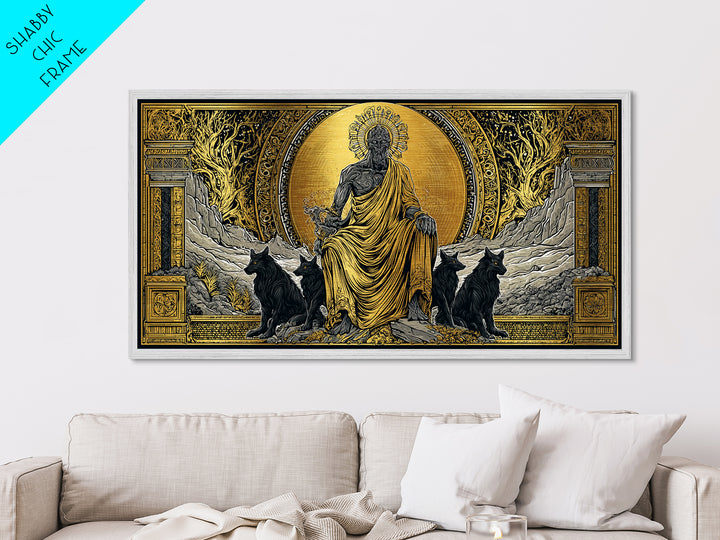 Hades Metallic Gold Metal Print, Greek God Of Underworld Wall Art, Cerberus Mythology Decor, Real Wood Frame, Luxury Metal Wall Hanging