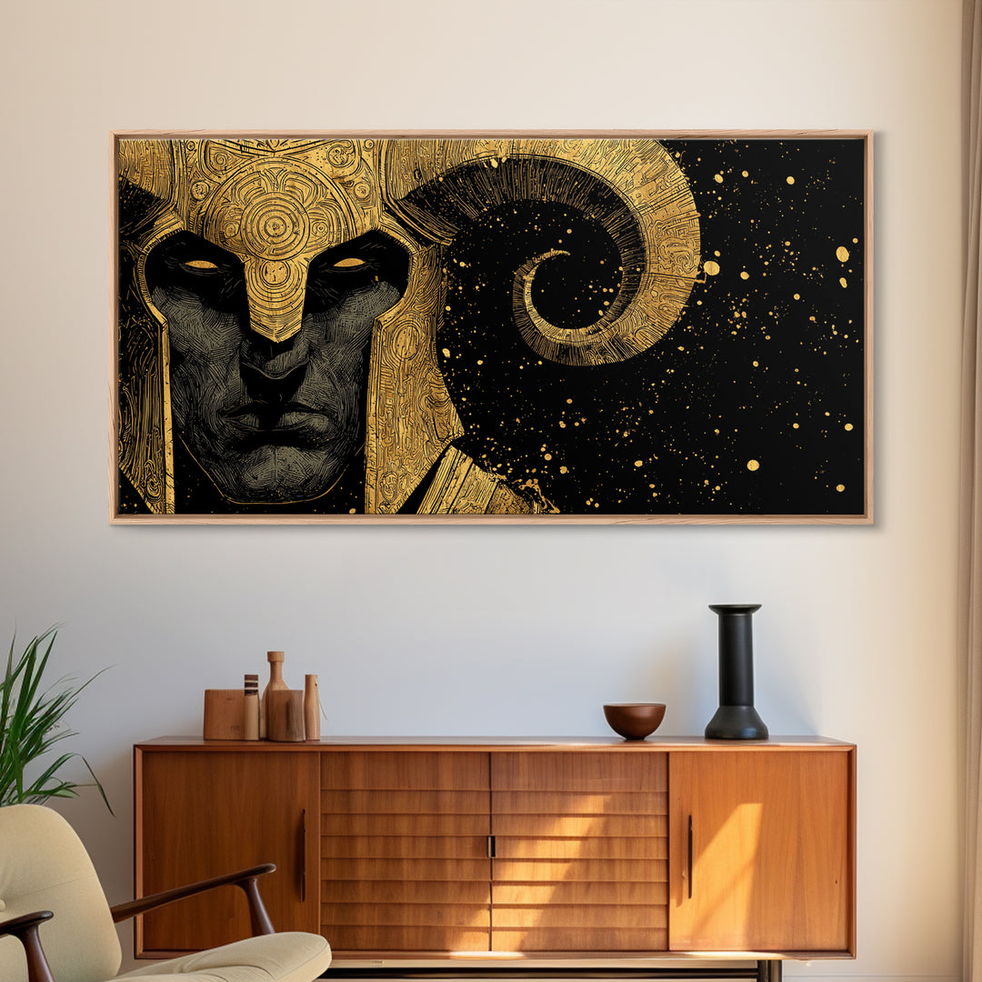 Hades Gold Canvas Art, Greek Mythology God of the Underworld, Dark Elegant Wall Decor, Mythical Warrior Artwork for Home