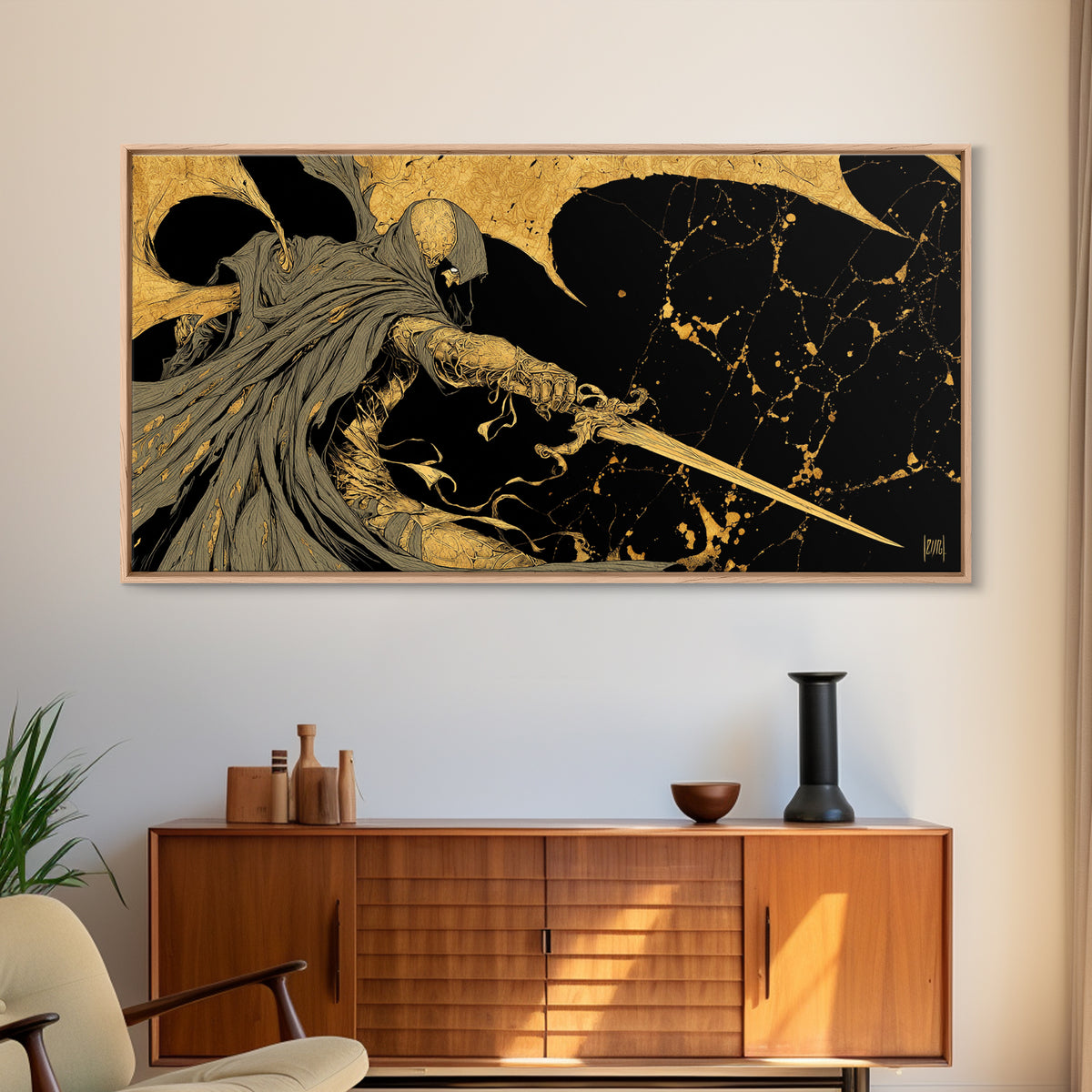 Nemesis Gold Canvas Print, Greek Goddess Wall Art, Mythology Decor, Luxury Gold Artwork, Real Wood Frame Home Decor