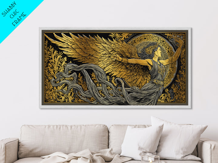 Nike Metallic Gold Metal Print, Greek Goddess Wall Art, Luxury Mythology Decor, Real Wood Frame Artwork, Elegant Gold Winged Art