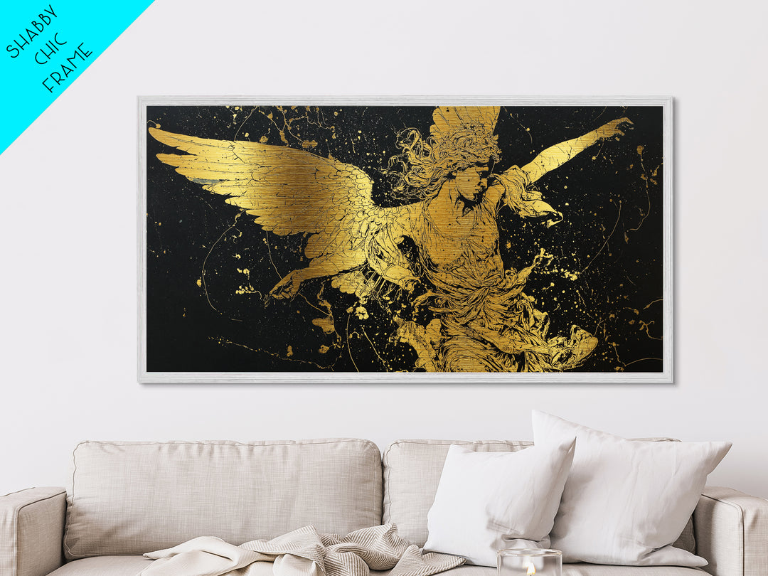Nike Metallic Gold Art, Greek Goddess Wall Decor, Luxury Mythology Wall Hanging, Real Wood Frame Print, Gold Winged Figure Artwork