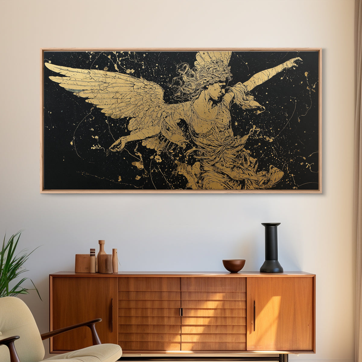 Nike Gold Canvas Art, Greek Goddess Wall Decor, Luxury Mythology Wall Hanging, Real Wood Frame Print, Gold Winged Figure Artwork