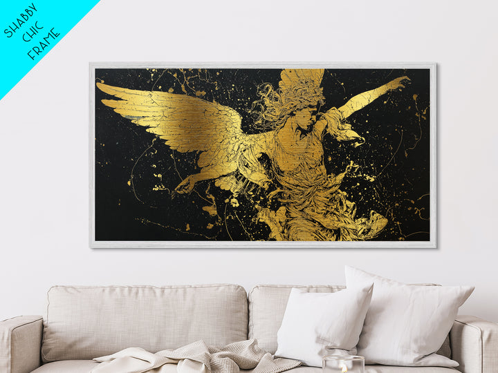 Nike Metallic Gold Art, Greek Goddess Wall Decor, Luxury Mythology Wall Hanging, Real Wood Frame Print, Gold Winged Figure Artwork