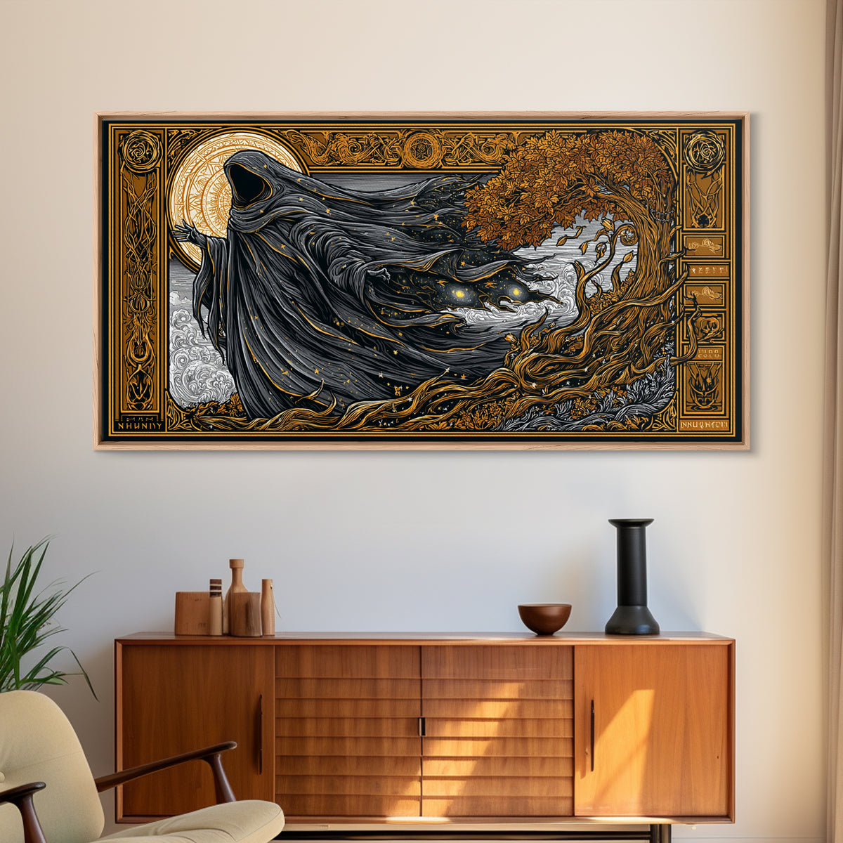 Nyx Gold Canvas Print, Greek Goddess Wall Art, Luxury Mythology Decor, Real Wood Frame Artwork, Elegant Night Goddess Print