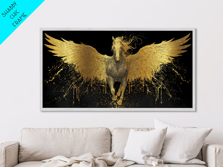 Pegasus Metallic Gold Metal Print, Greek Mythology Wall Art, Luxury Flying Horse Decor, Real Wood Frame Artwork, Elegant Winged Stallion