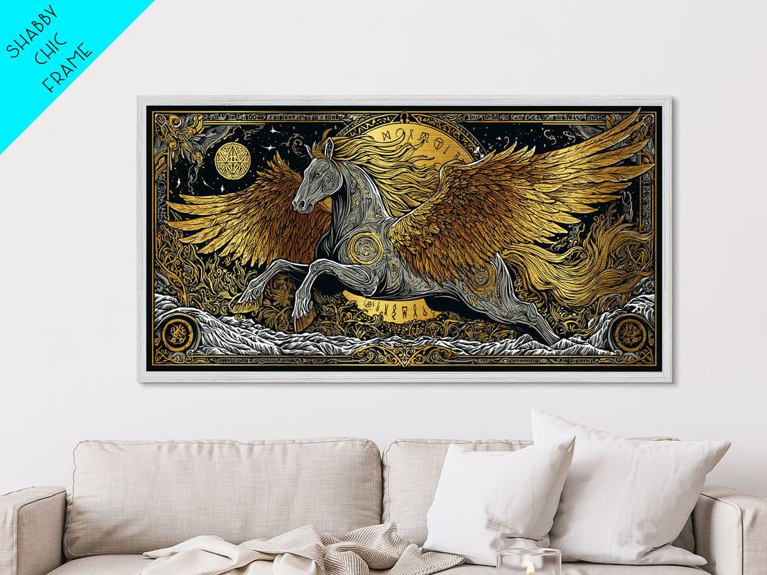 Pegasus Metallic Gold Art, Greek Mythology Wall Decor, Luxury Flying Horse Wall Hanging, Real Wood Frame Print, Elegant Winged Stallion