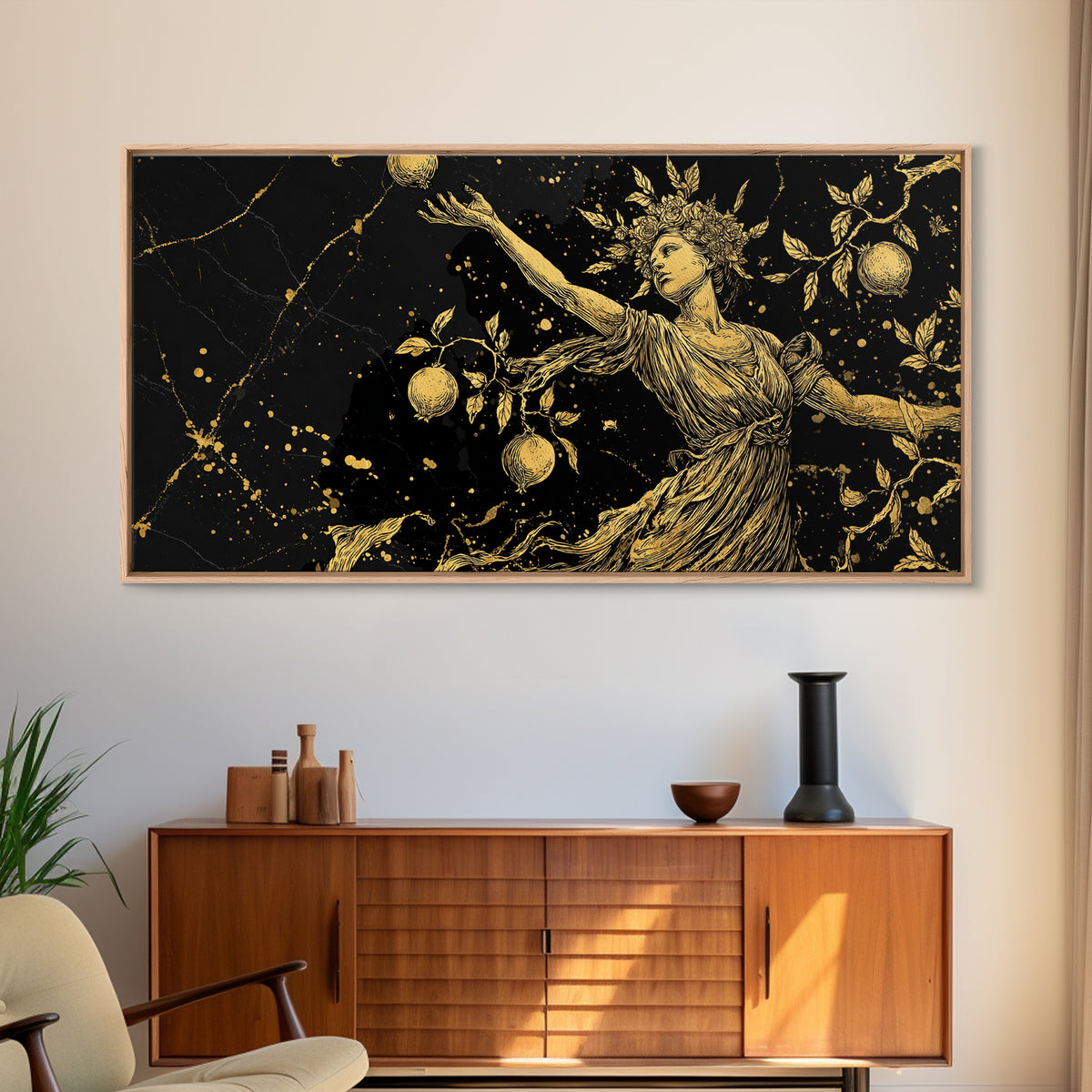 Persephone Gold Canvas Print, Greek Goddess Wall Art, Luxury Mythology Decor, Real Wood Frame Artwork, Elegant Harvest Goddess
