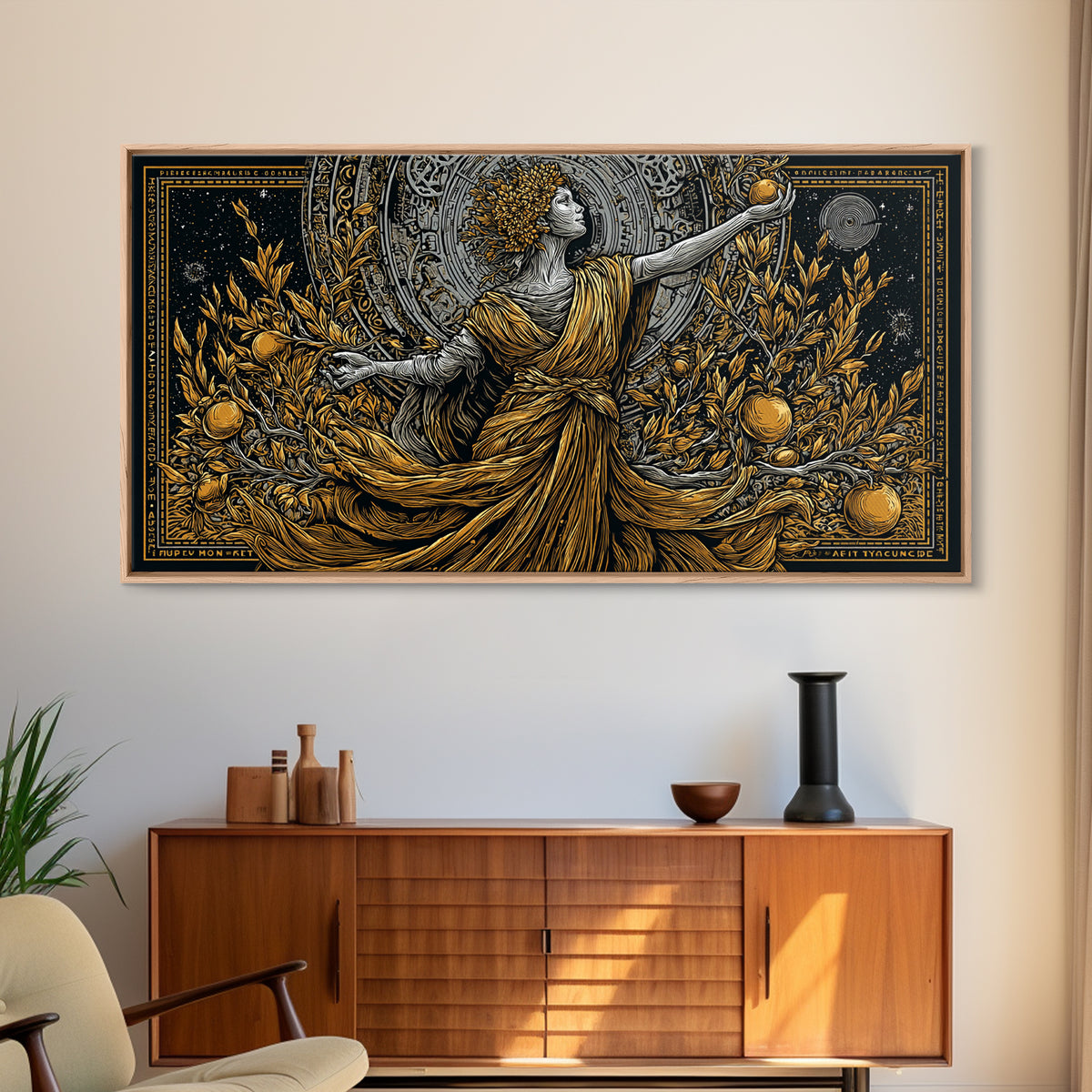 Persephone Gold Canvas Art, Greek Goddess Wall Decor, Luxury Mythology Wall Hanging, Real Wood Frame Print, Elegant Harvest Goddess