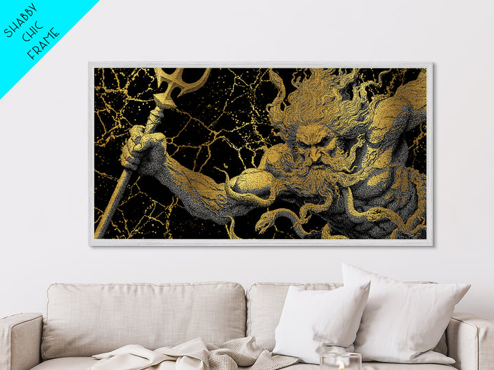 Poseidon Greek God Of The Sea Metallic Gold Metal Print, Mythology Wall Art, Real Wood Frame, Ocean Decor, Nautical Gift