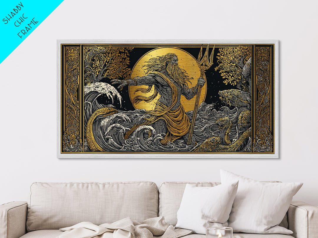 Poseidon Ocean Power Metallic Gold Art, Greek God Metal Print, Sea Mythology Wall Decor, Real Wood Frame, Coastal Gift
