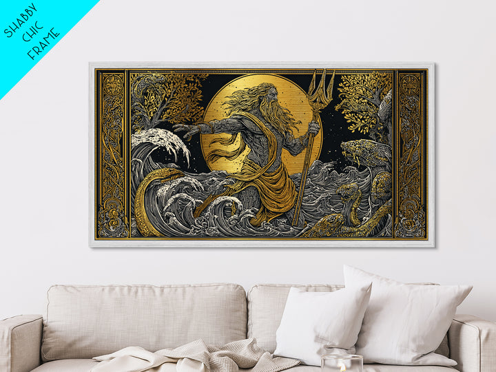Poseidon Ocean Power Metallic Gold Art, Greek God Metal Print, Sea Mythology Wall Decor, Real Wood Frame, Coastal Gift