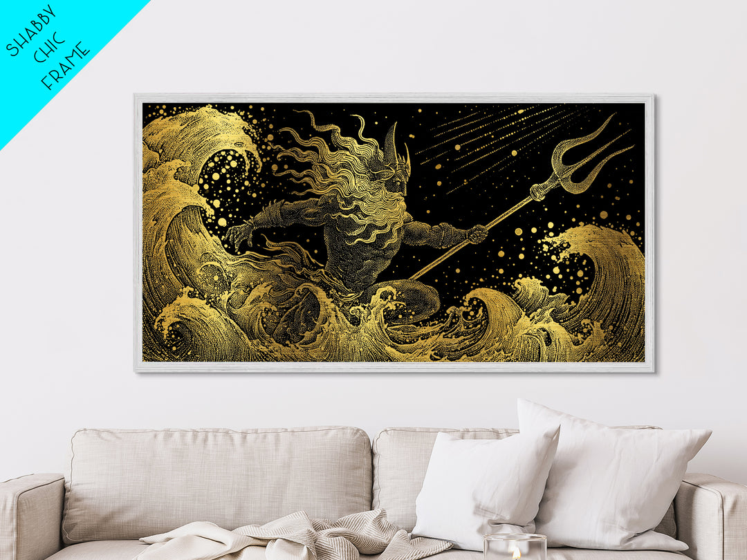 Poseidon Sea Serpent Battle Metallic Gold Metal Print, Greek Mythology Wall Art, Real Wood Frame, Ocean Lover Gift