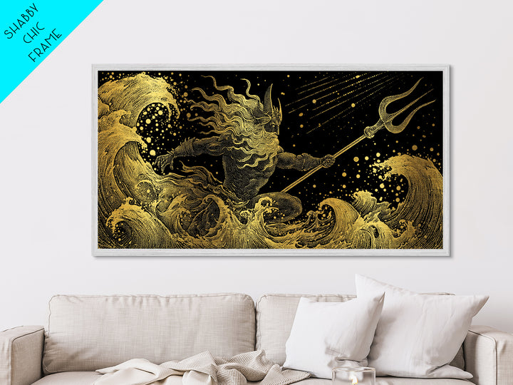 Poseidon Sea Serpent Battle Metallic Gold Metal Print, Greek Mythology Wall Art, Real Wood Frame, Ocean Lover Gift